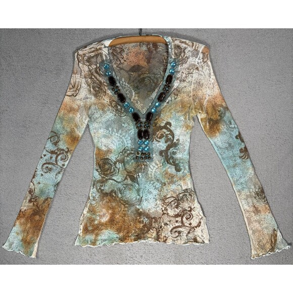 Boston Proper Lace Mesh Stretch Top Size XS Artsy Boho Layering Sheer Y2K Grunge - Picture 1 of 16